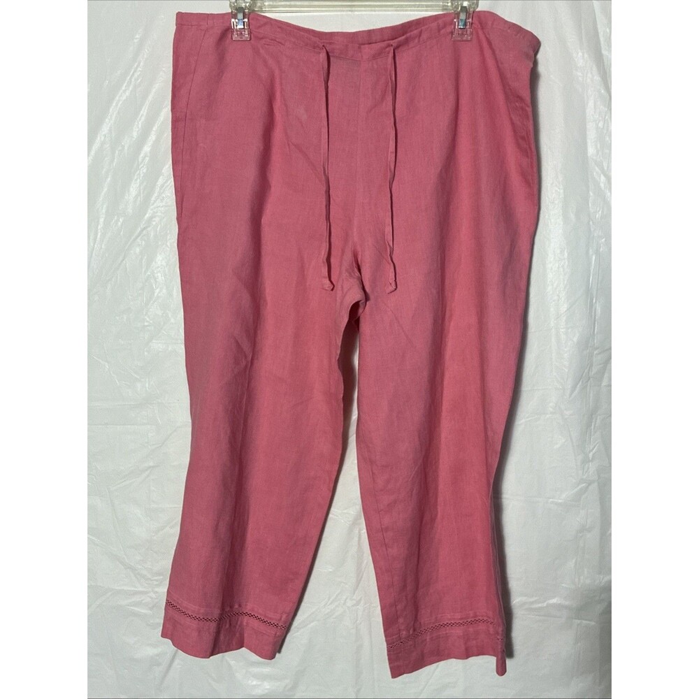Sag Harbor Pants Pink 100% Linen Wide Leg Eyelet Trim Drawstring Cottagecore 16